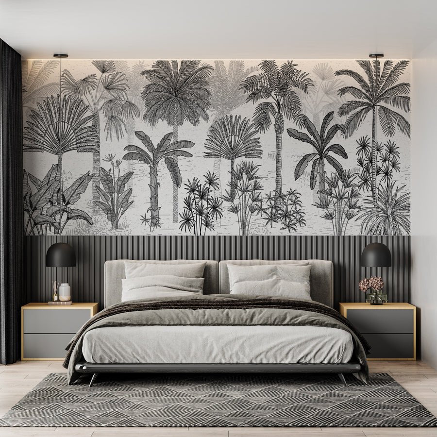 Sticker Décoratif paysage tropical avec des palmiers noir et blanc