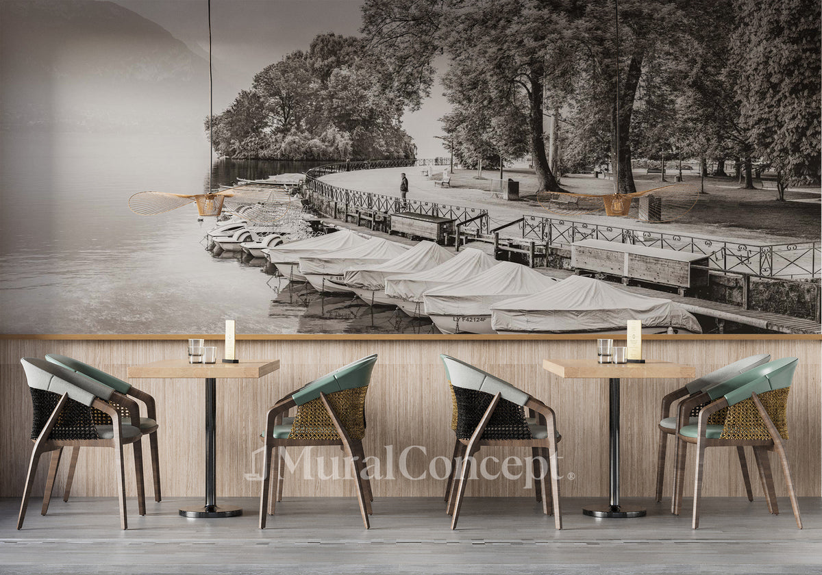 Papier peint restaurant contemplation lac d'Annecy sépia
