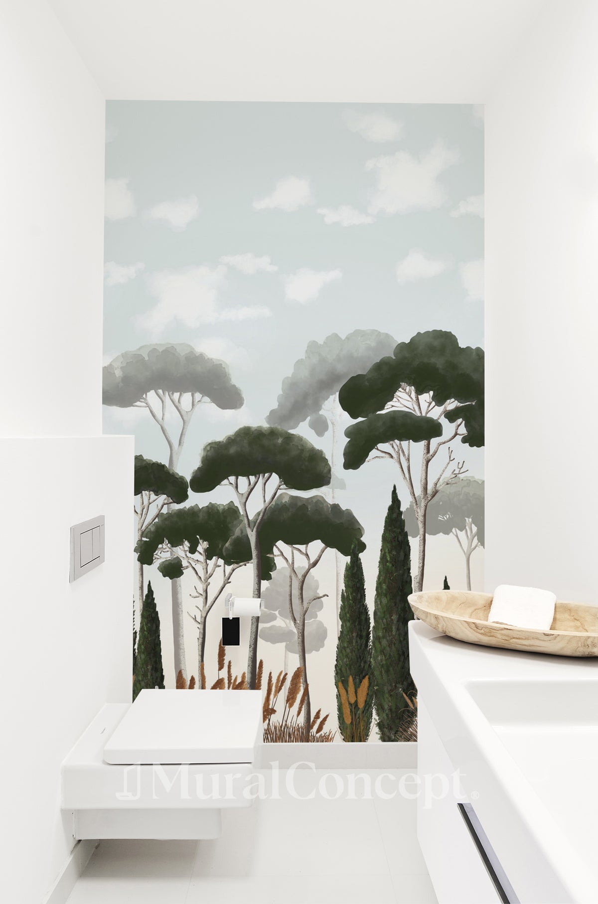 Papier peint wc cyprès pins et herbes de la pampa