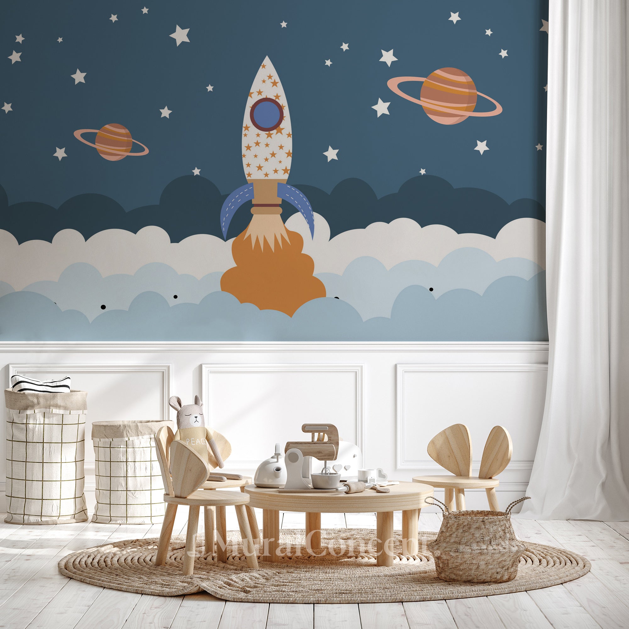 Papier Peint Panoramique - Aventure spatiale et robot futuriste bleu Papier Peint Panoramique - Aventure spatiale et robot futuriste bleu