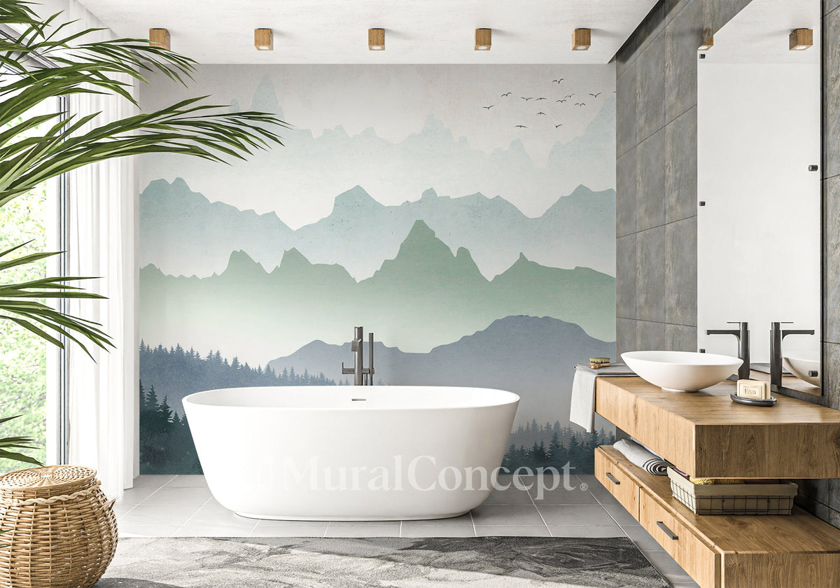 Papier peint salle de bain brume matinale forêt