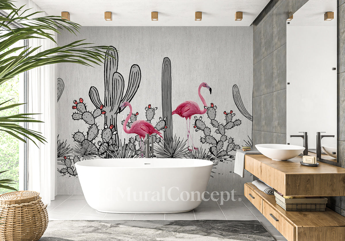 Papier peint panoramique salle de bain cactus & flamant rose