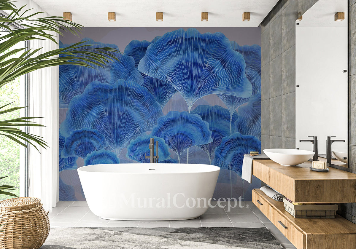 Papier peint salle de bain contemporain ginkgo zen bleu