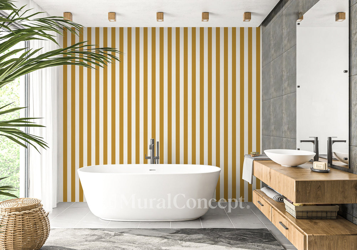 Papier peint salle de de bain rayure rétro jaune moutarde