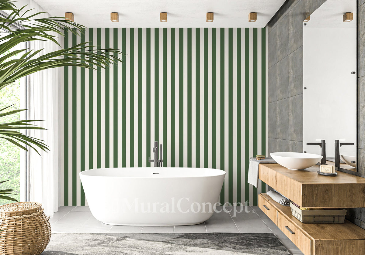 Papier peint salle de de bain rayure rétro vert jungle