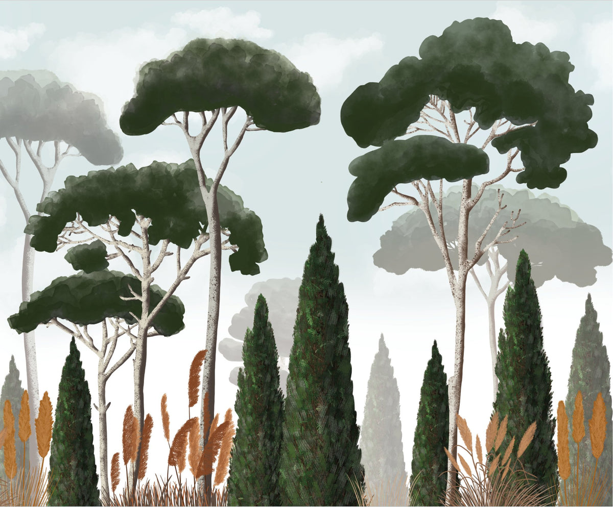 VP Papier peint sur mesure cyprès pins et herbes de la pampa