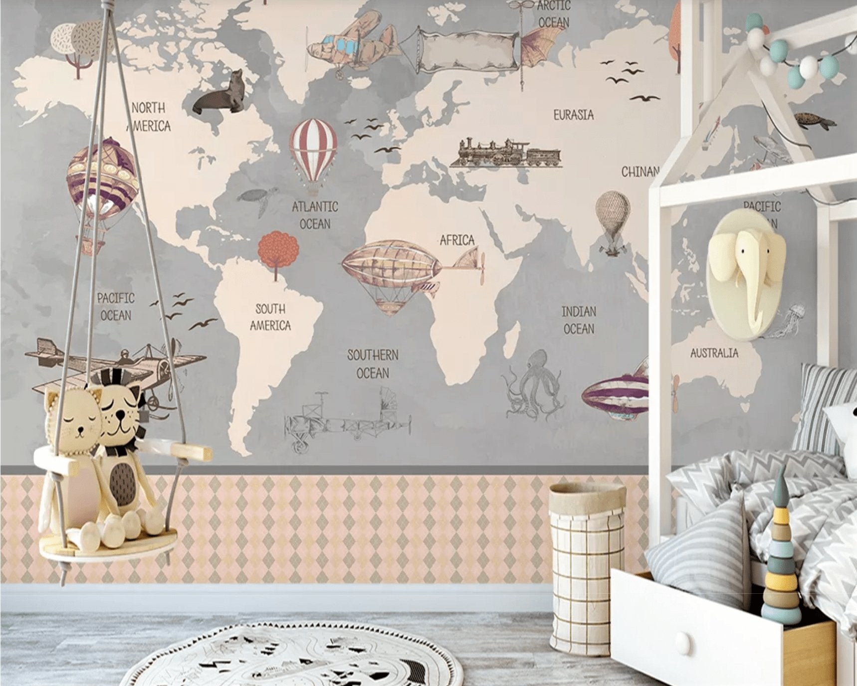 Papier peint enfant carte du monde aviateur - Muralconcept
