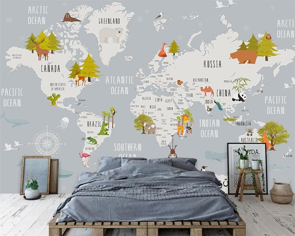 Papier peint chambre enfant carte du monde animaux