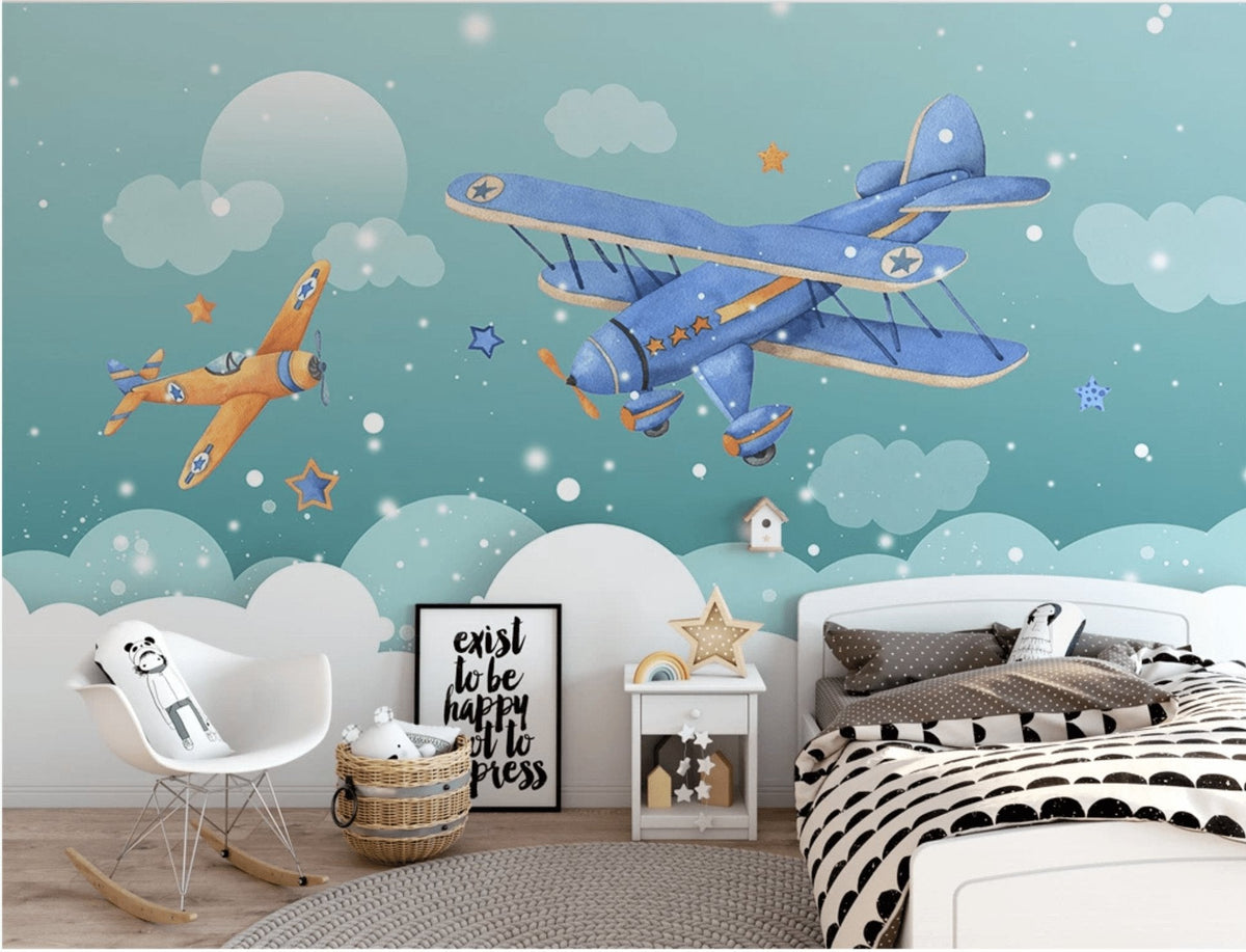 Papier peint chambre enfant avion neige