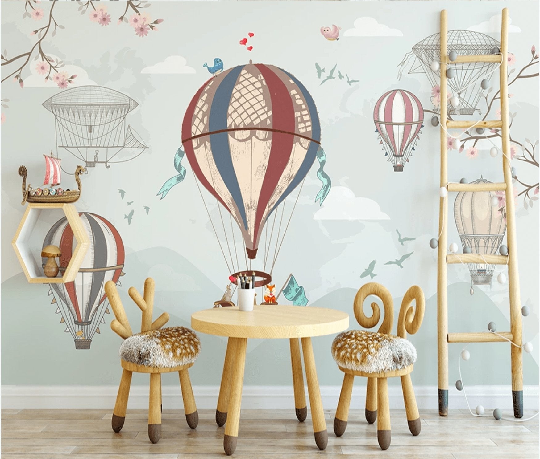 Papier peint enfant vintage montgolfière et animaux