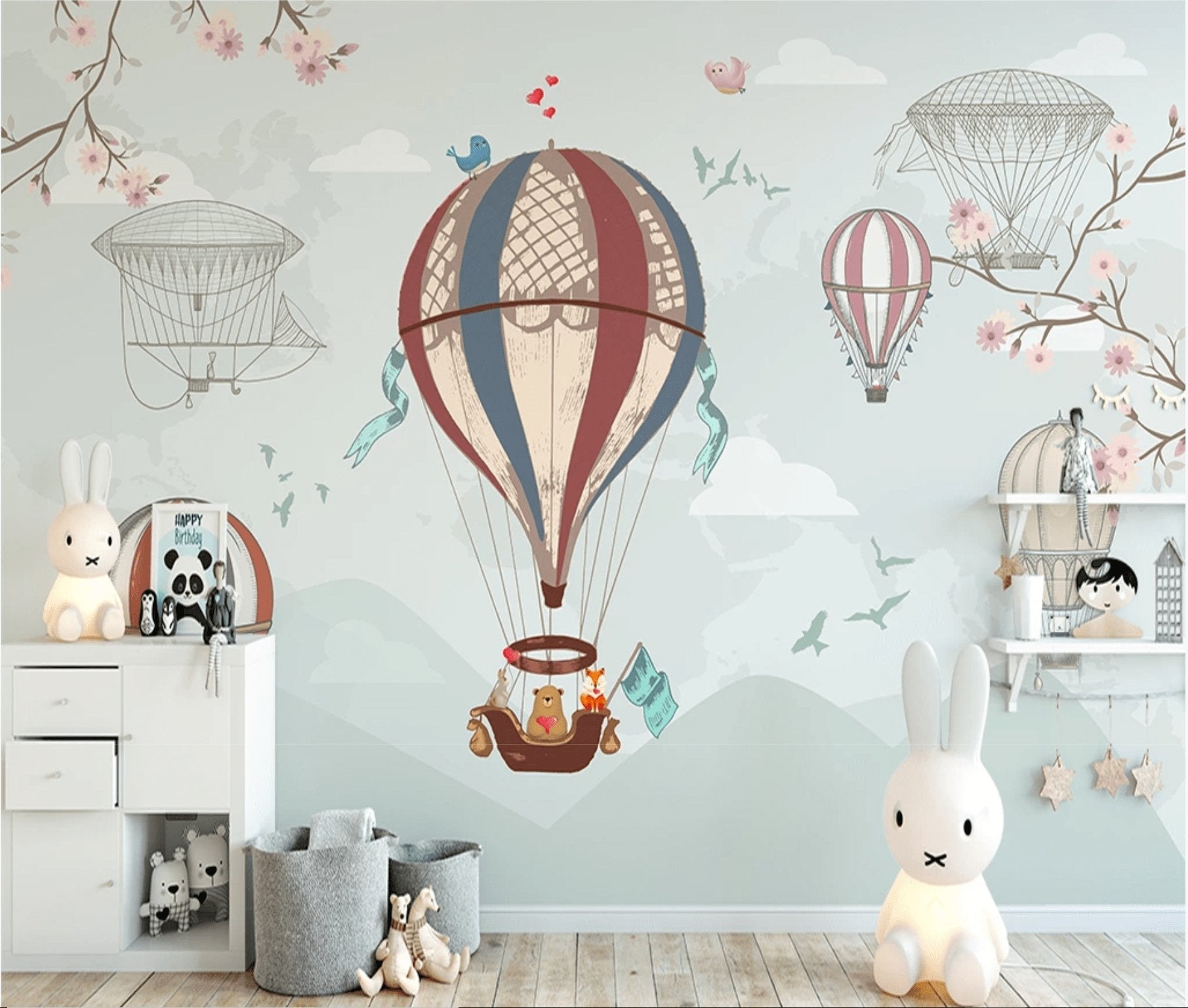 Papier peint enfant vintage montgolfière et animaux - papier peint sur mesure francais - muralconcept