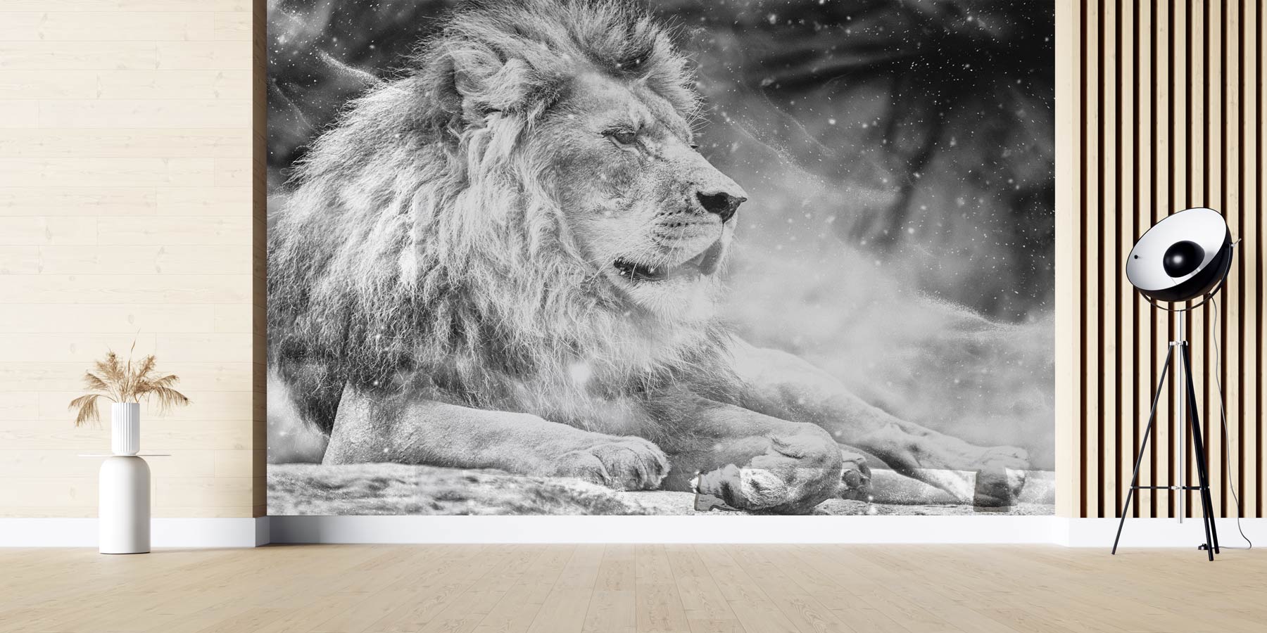 Papier peint enfant panoramique Lion en voiture