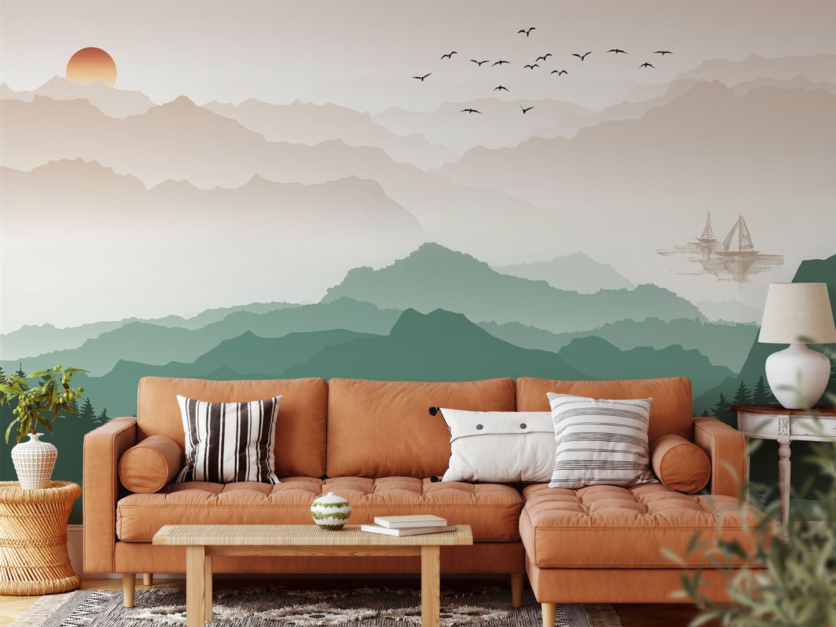 Papier peint montagne dans brume terracotta - papier peint sur mesure francais - muralconcept