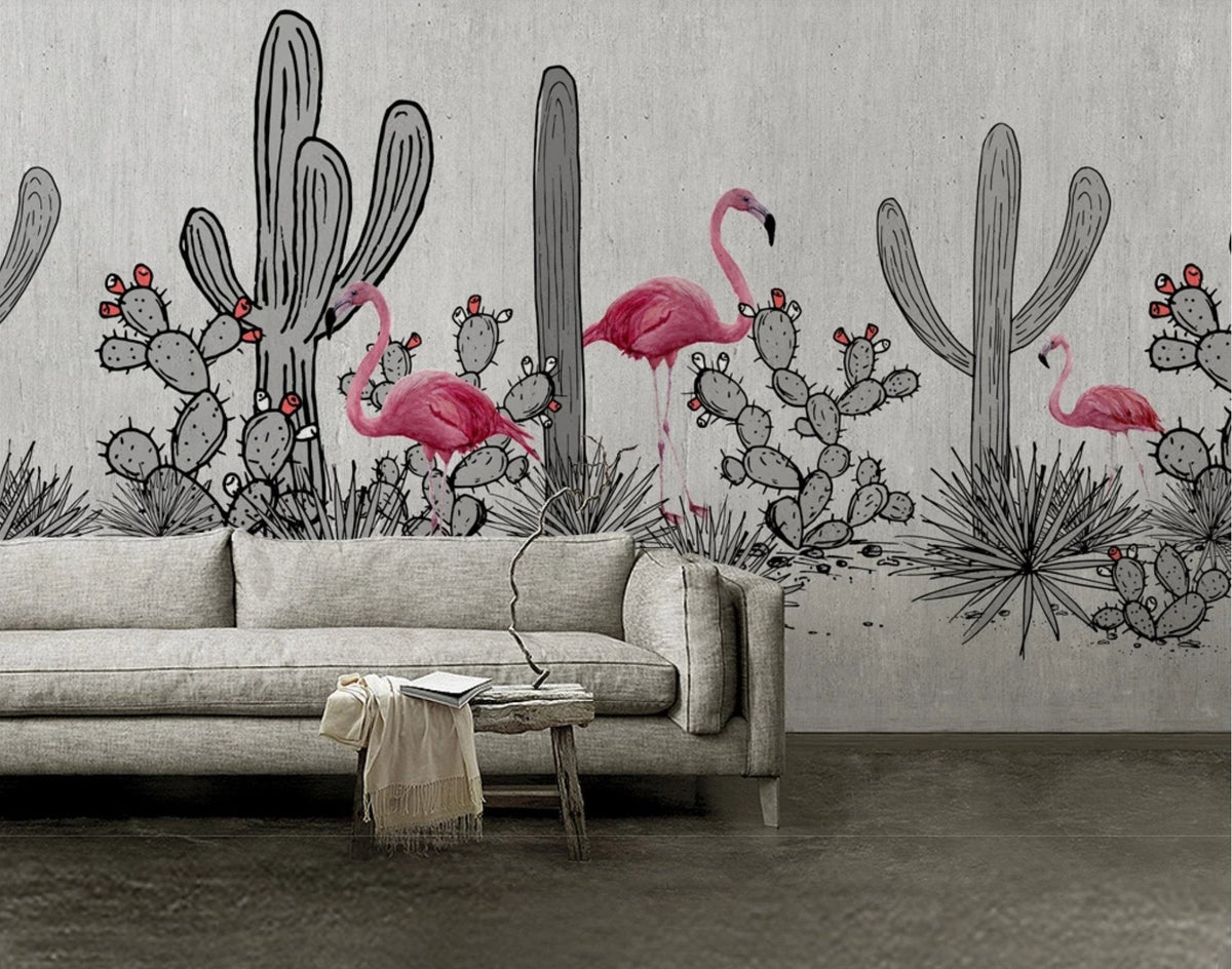 Papier peint panoramique cactus & flamant rose