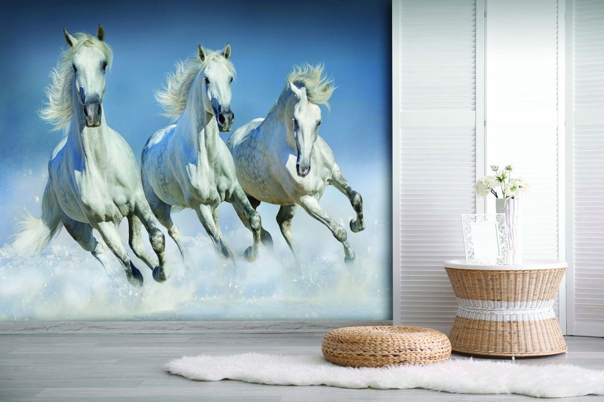 Papier peint panoramique chevaux blanc neige