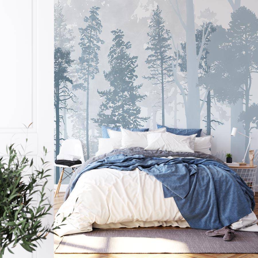 Papier peint panoramique forêt bleu scandinave