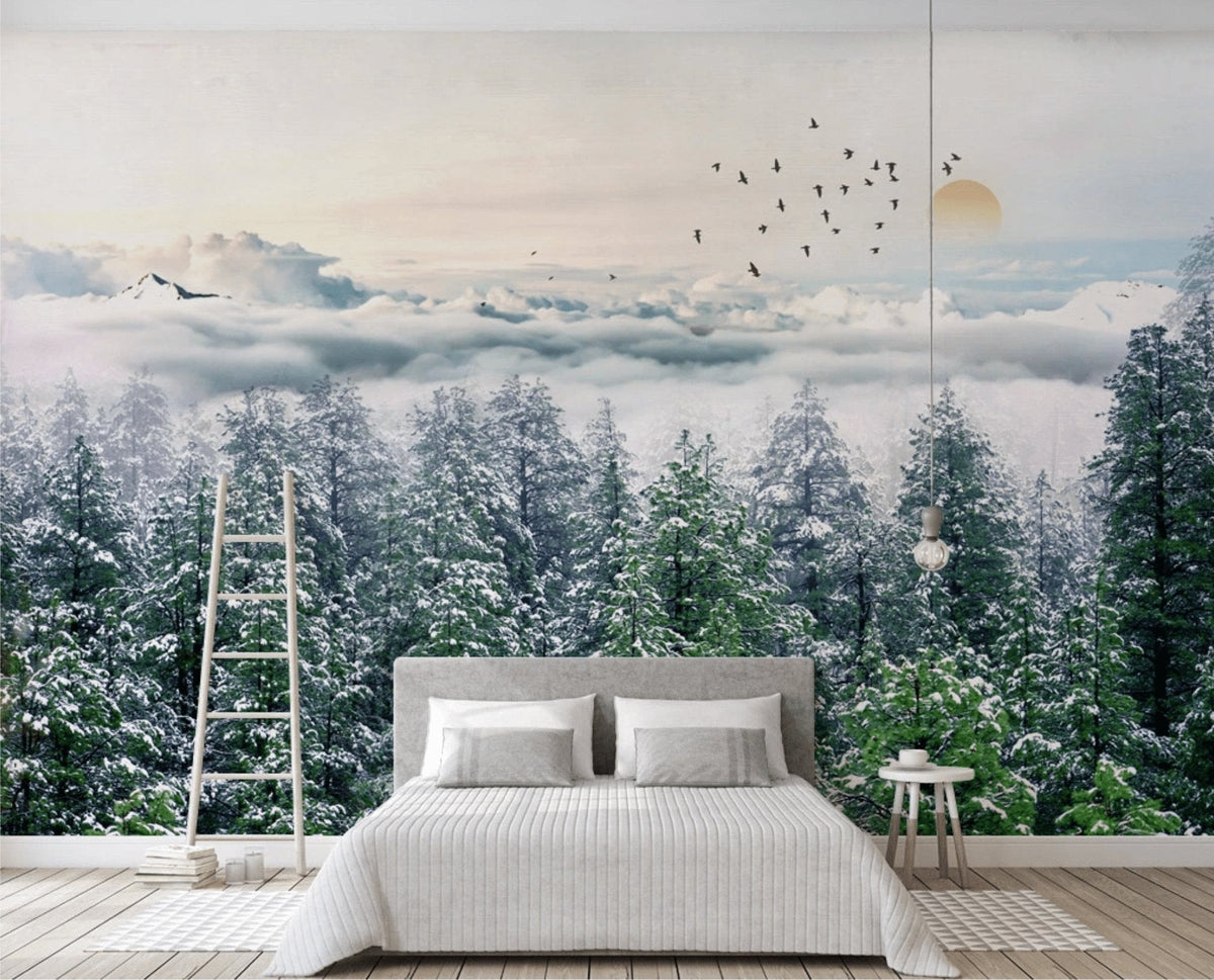 Papier peint panoramique intissé forêt de sapin neige