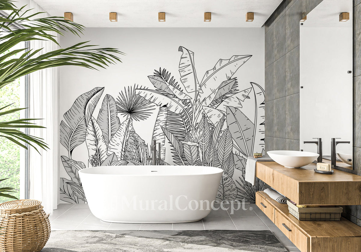 Papier peint salle de bain noir et blanc botanic leaf