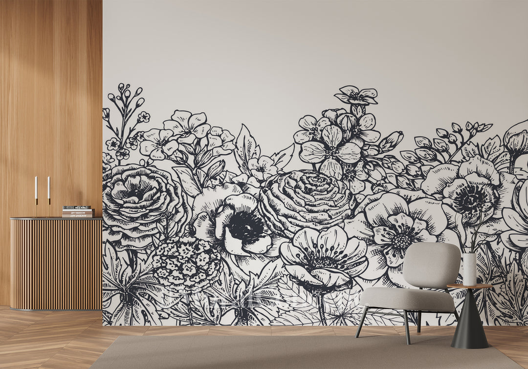 Papier peint bouquet floral noir et blanc - #shop_name - Muralconcept