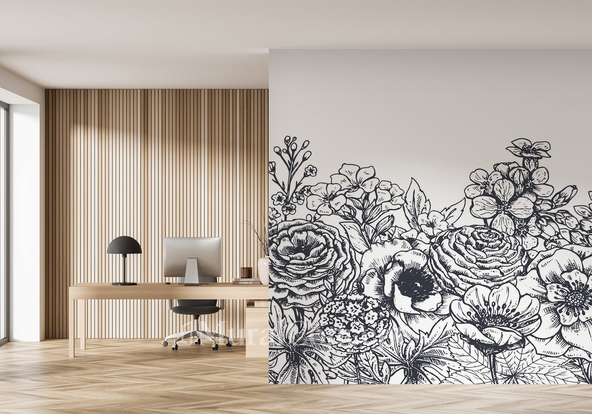 Papier peint bureau bouquet floral noir et blanc