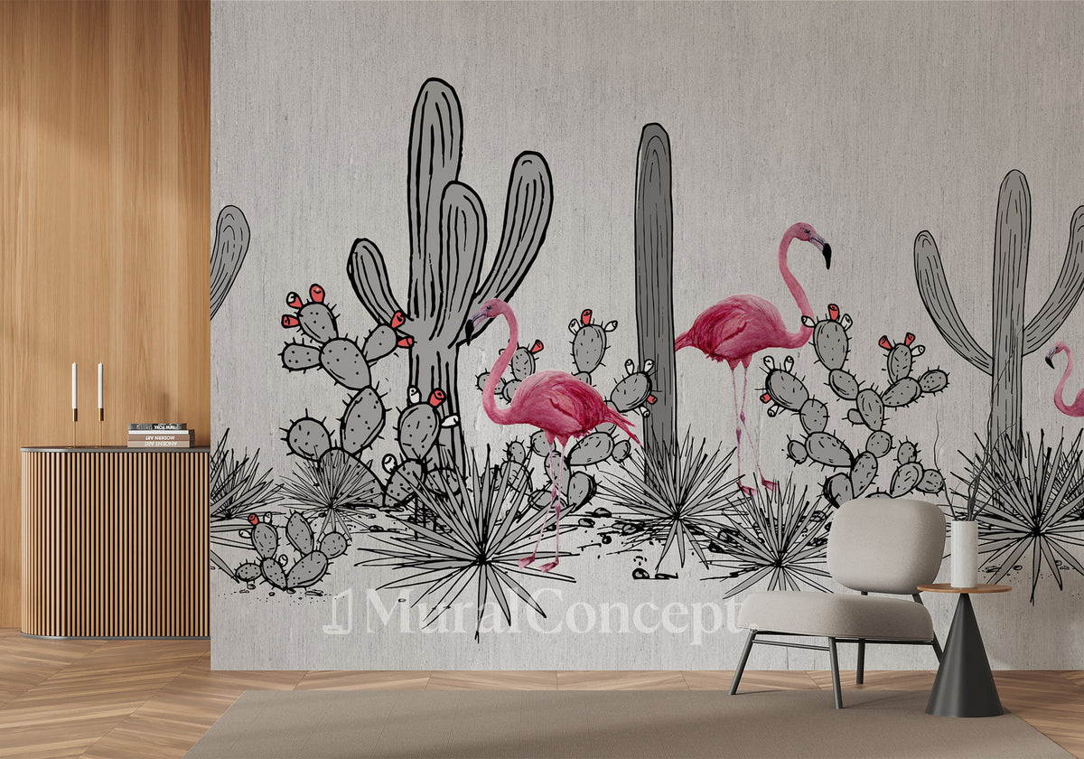 Papier peint panoramique cactus & flamant rose