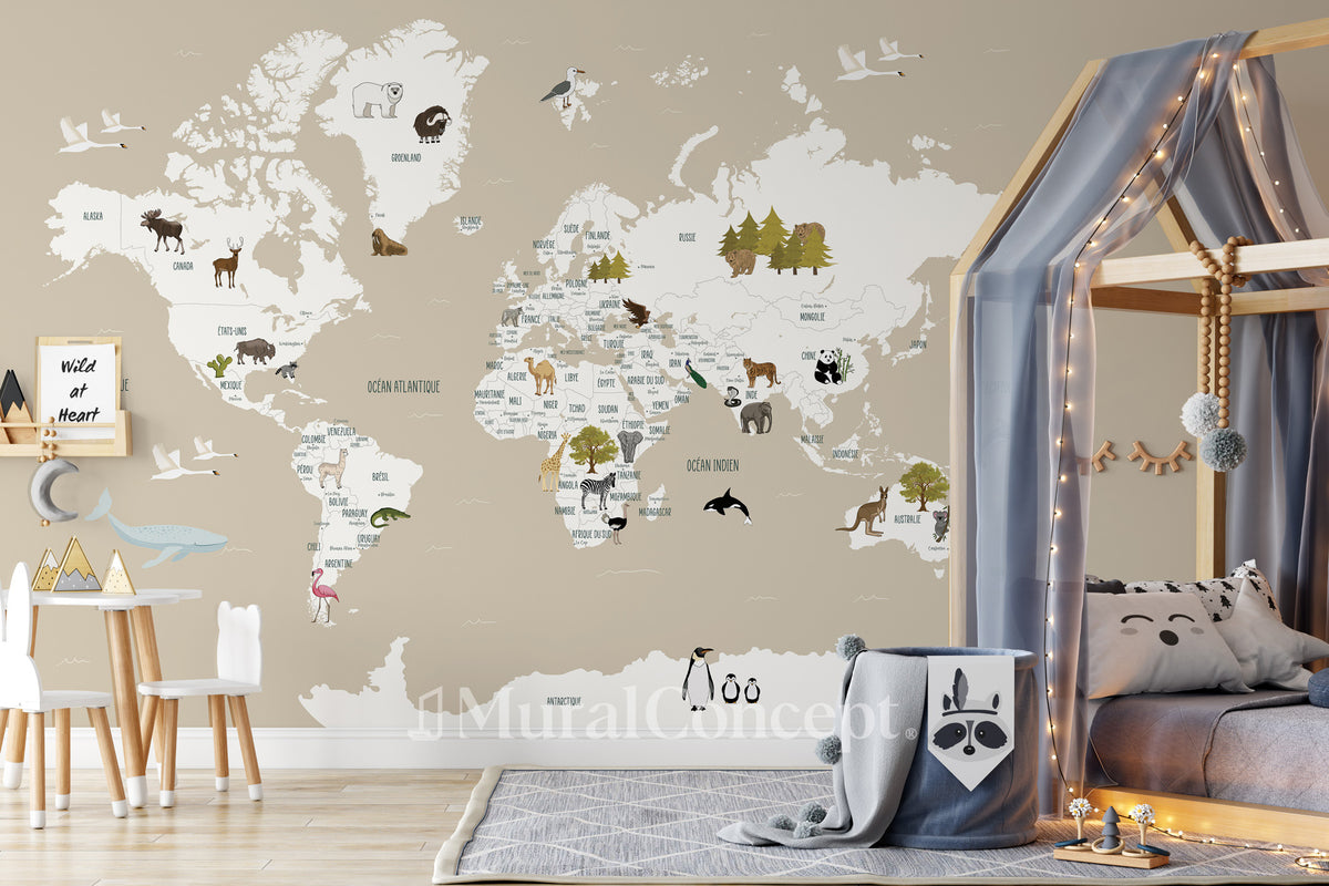 Papier peint Carte du monde en Francais enfant beige