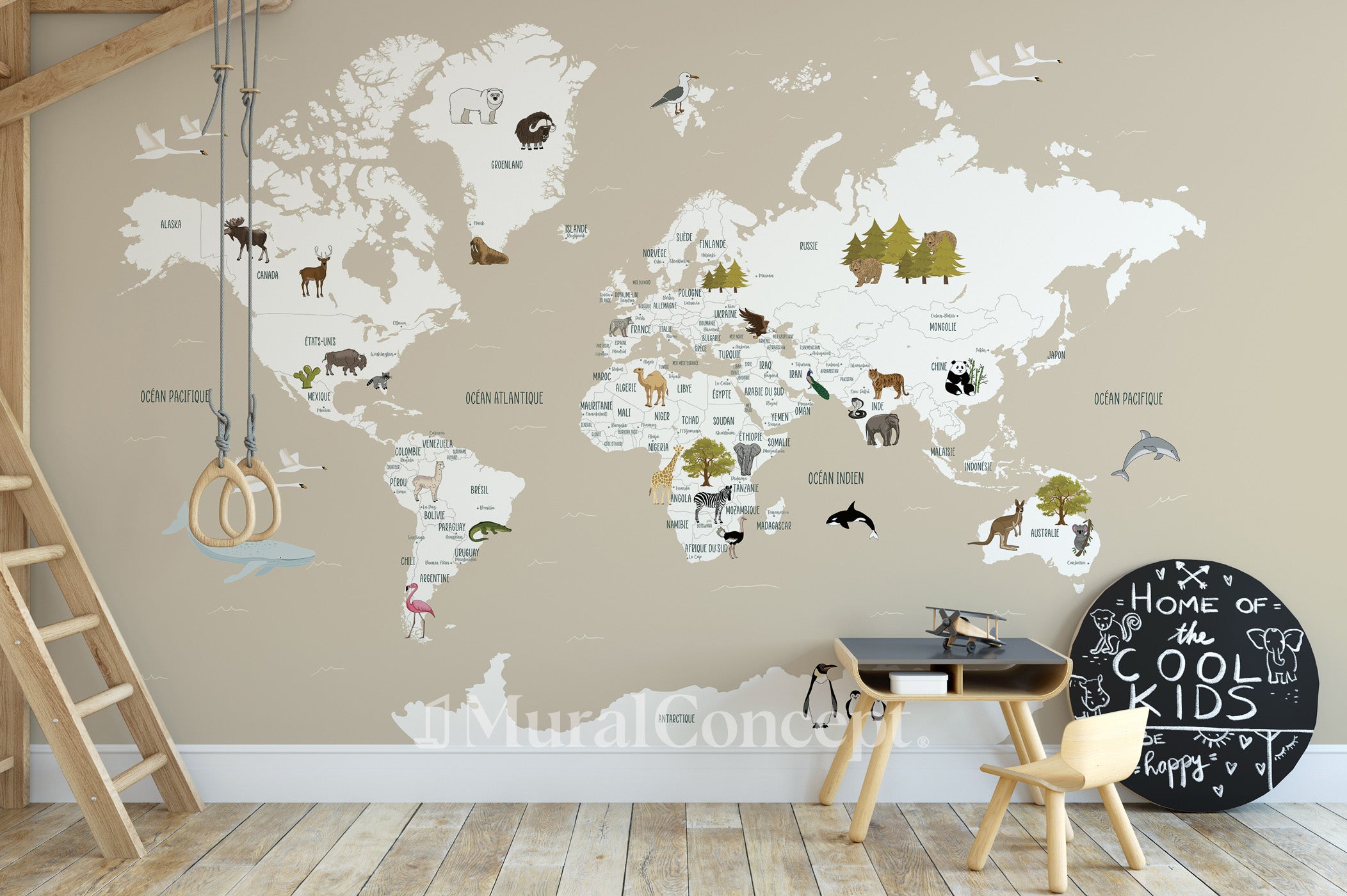 Papier peint Carte du monde en Francais enfant - Muralconcept