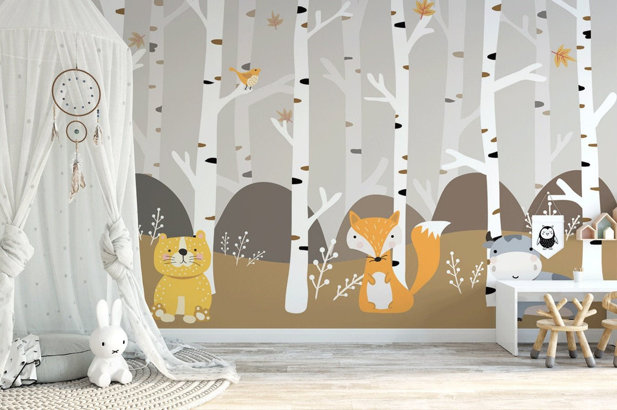 Papier peint chambre bébé animaux dans la forêt