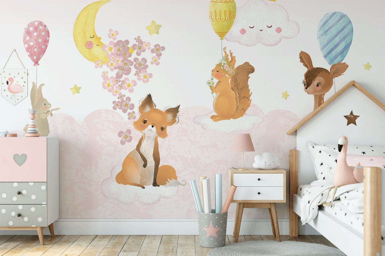 Papier peint chambre bébé animaux rose nuage - #shop_name - Muralconcept