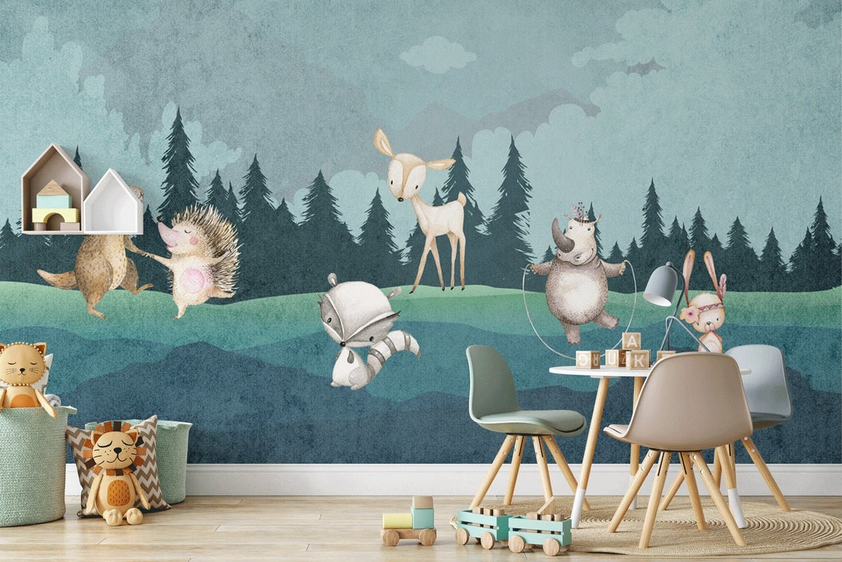 Papier peint chambre enfant animaux dans la forêt