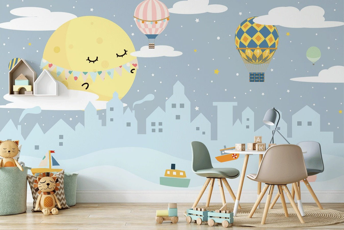 Papier peint chambre enfant douce lune en ville