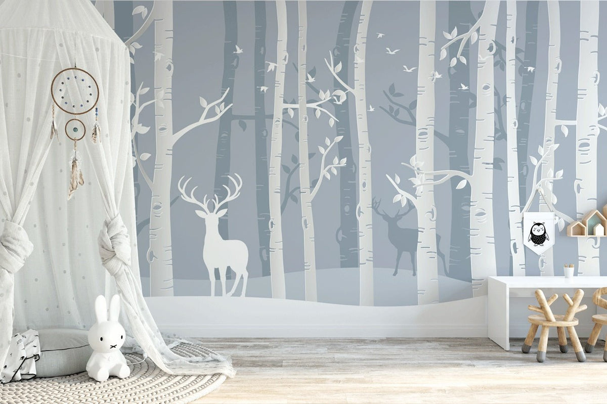 Papier peint enfant forêt scandinave bouleau et cerf