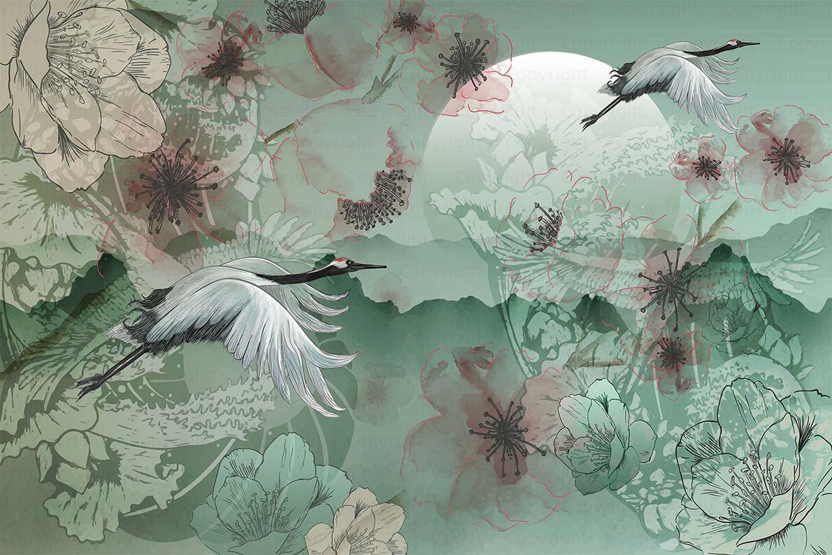 Papier peint grues japonaises