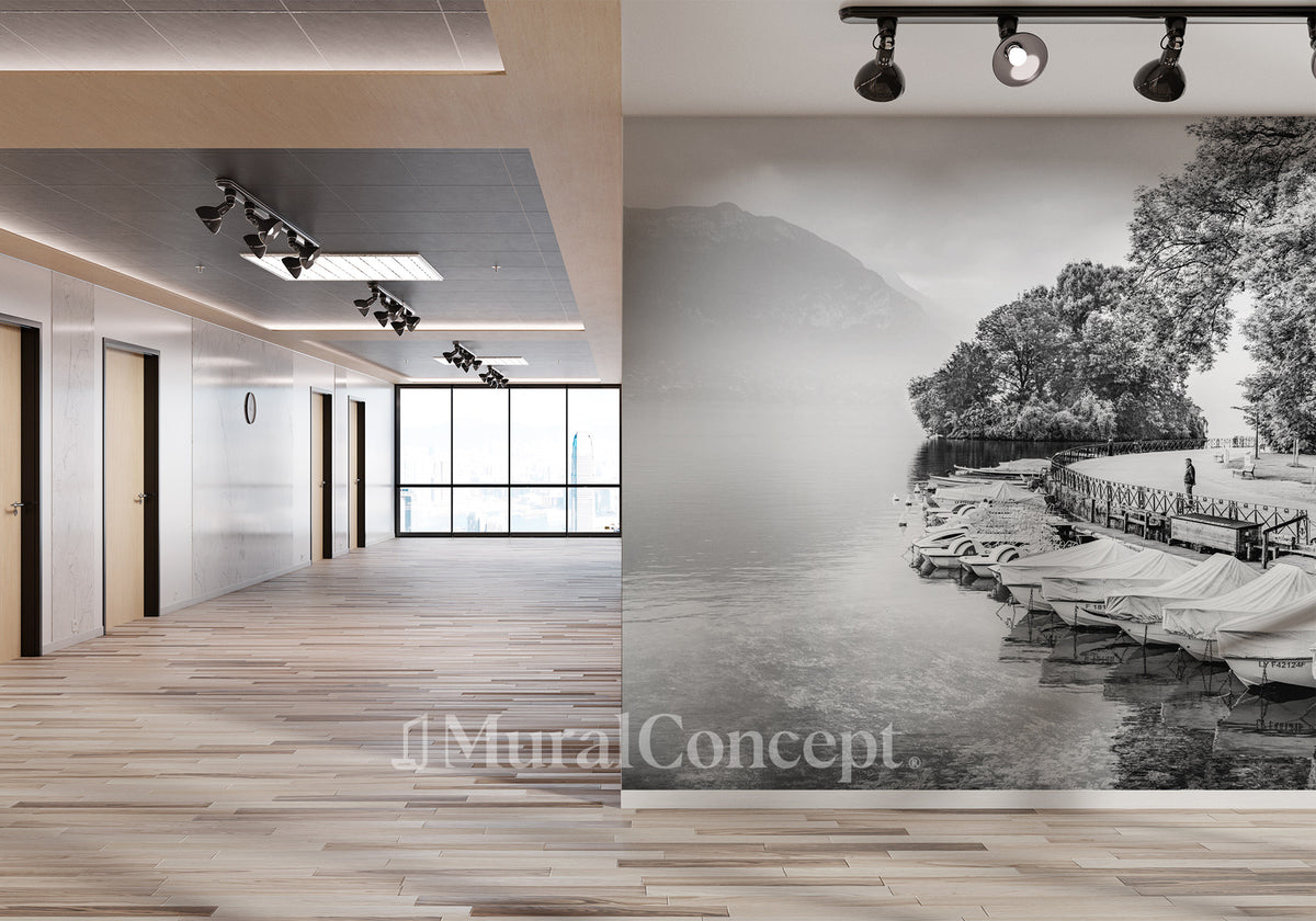 Papier peint hall contemplation lac d'Annecy noir et blanc