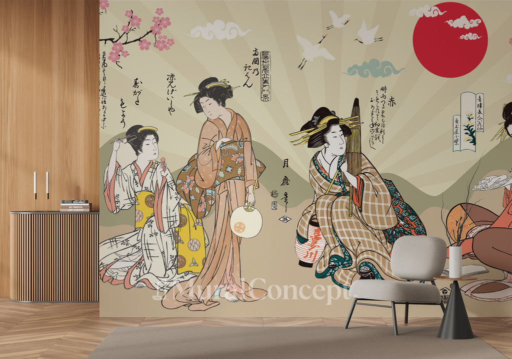 Tapisserie murale de Kyoto, lin peint à la main, motif mochi kazari, Nouvel An et hiver, US DDP - France