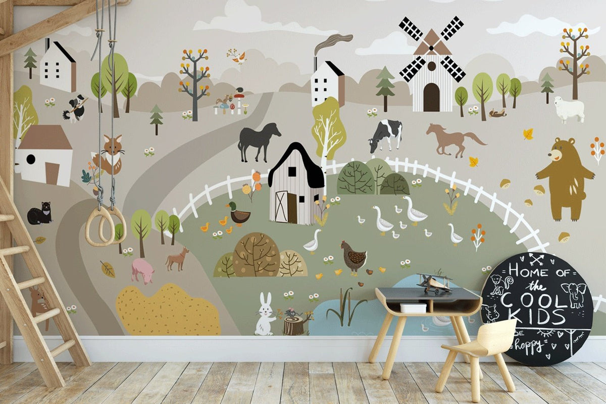 Papier peint enfant les animaux de la ferme