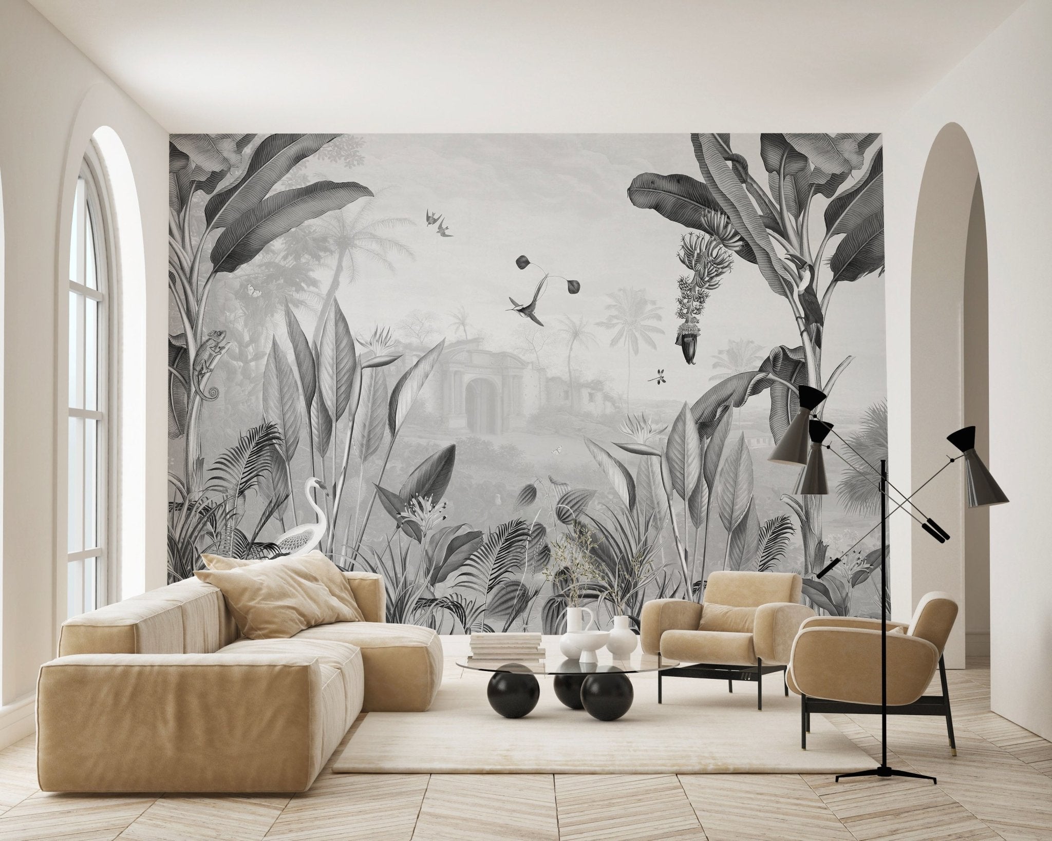 Poster panoramique mural – Affiche panoramique  Salon noir, Fond d'écran  tropical, Mur du salon