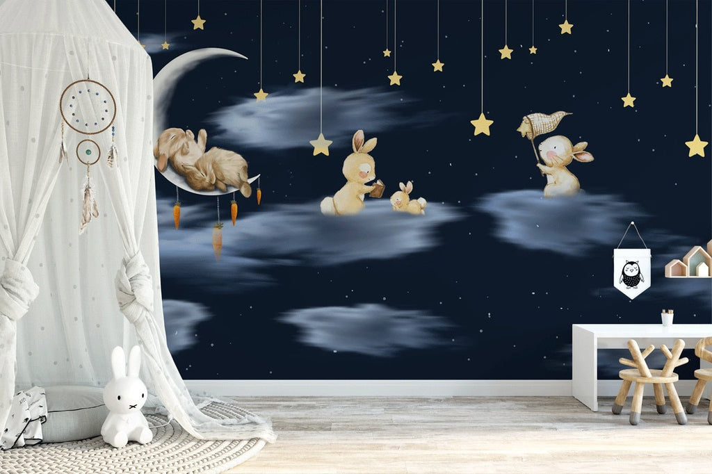 Papier peint avec étoiles Nuit étoilée moutarde - TenStickers Papier peint avec étoiles Nuit étoilée moutarde - TenStickers