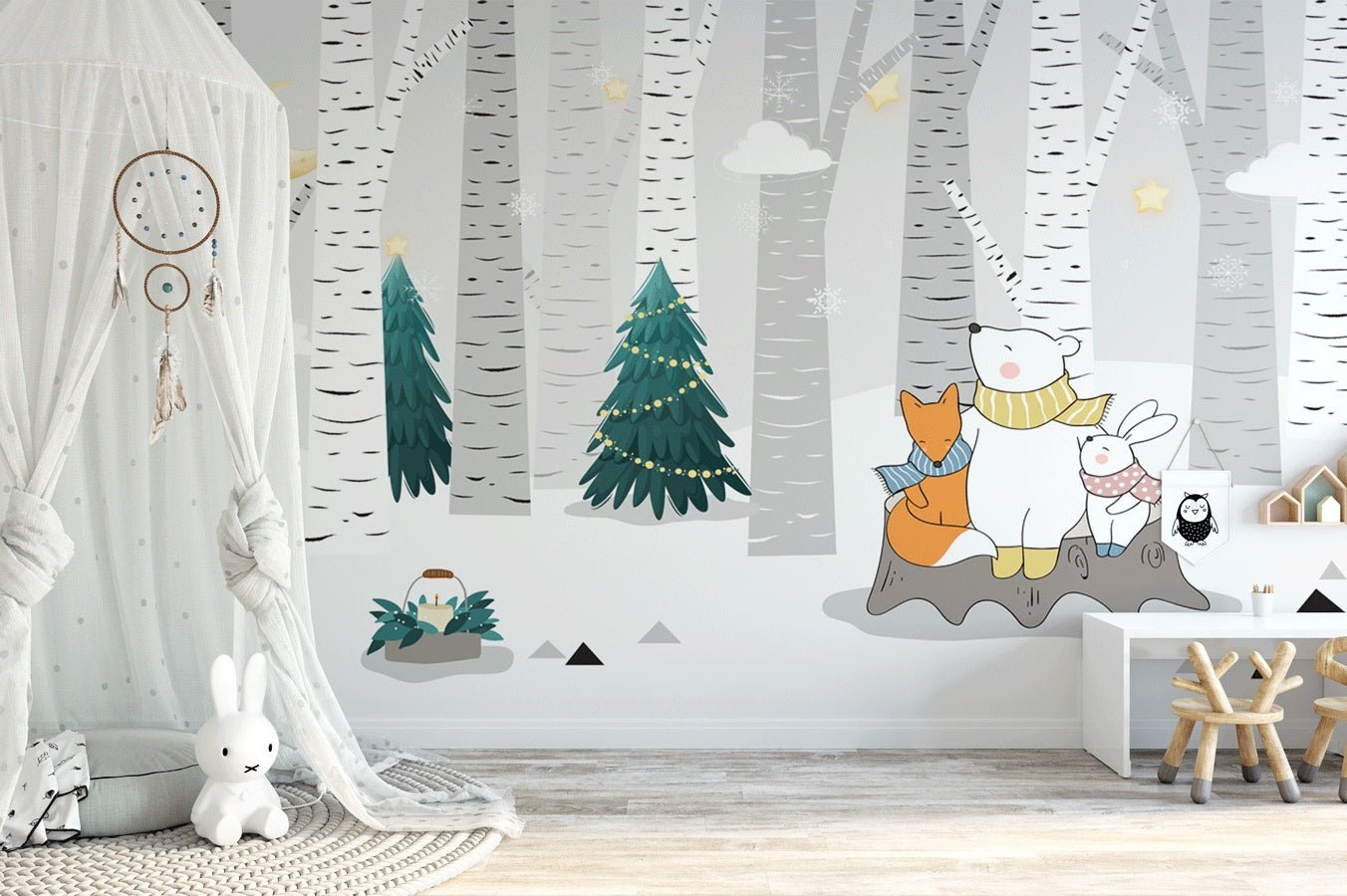 Papier peint ours polaire forêt neige - Muralconcept