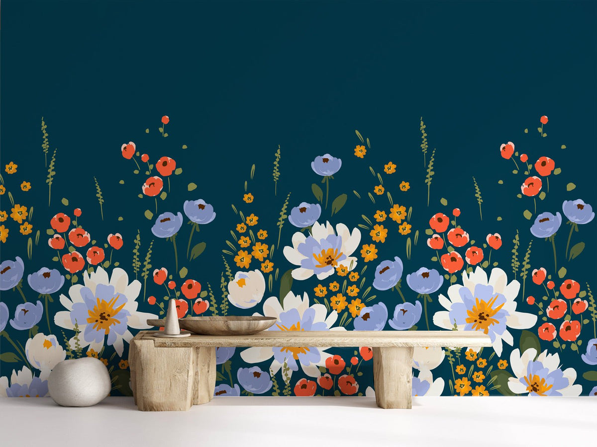 Papier peint panoramique bleu velours floral