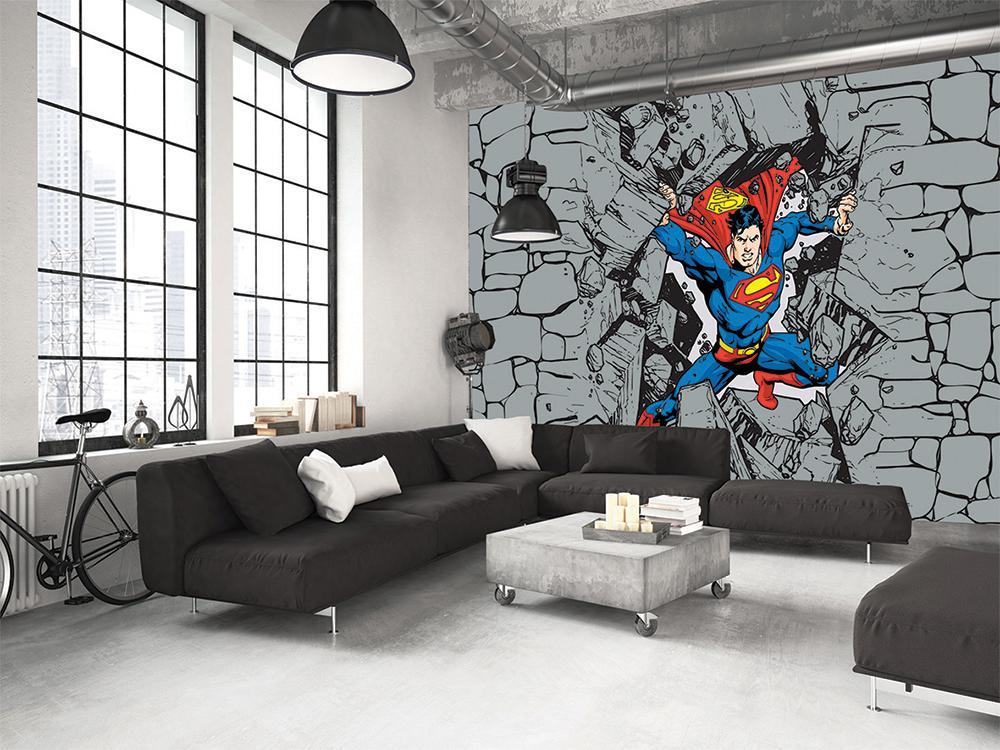 Papier peint panoramique héro superman BD démolition force mur
