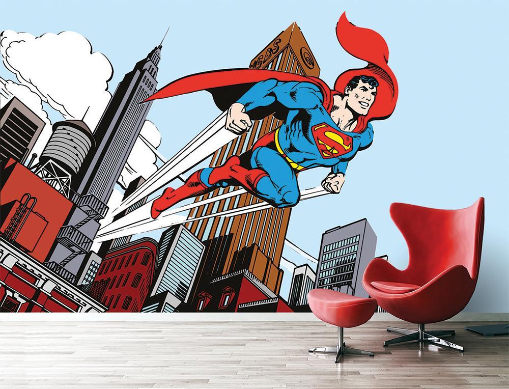 Papier peint panoramique héro superman BD vintage jump hors de la ville