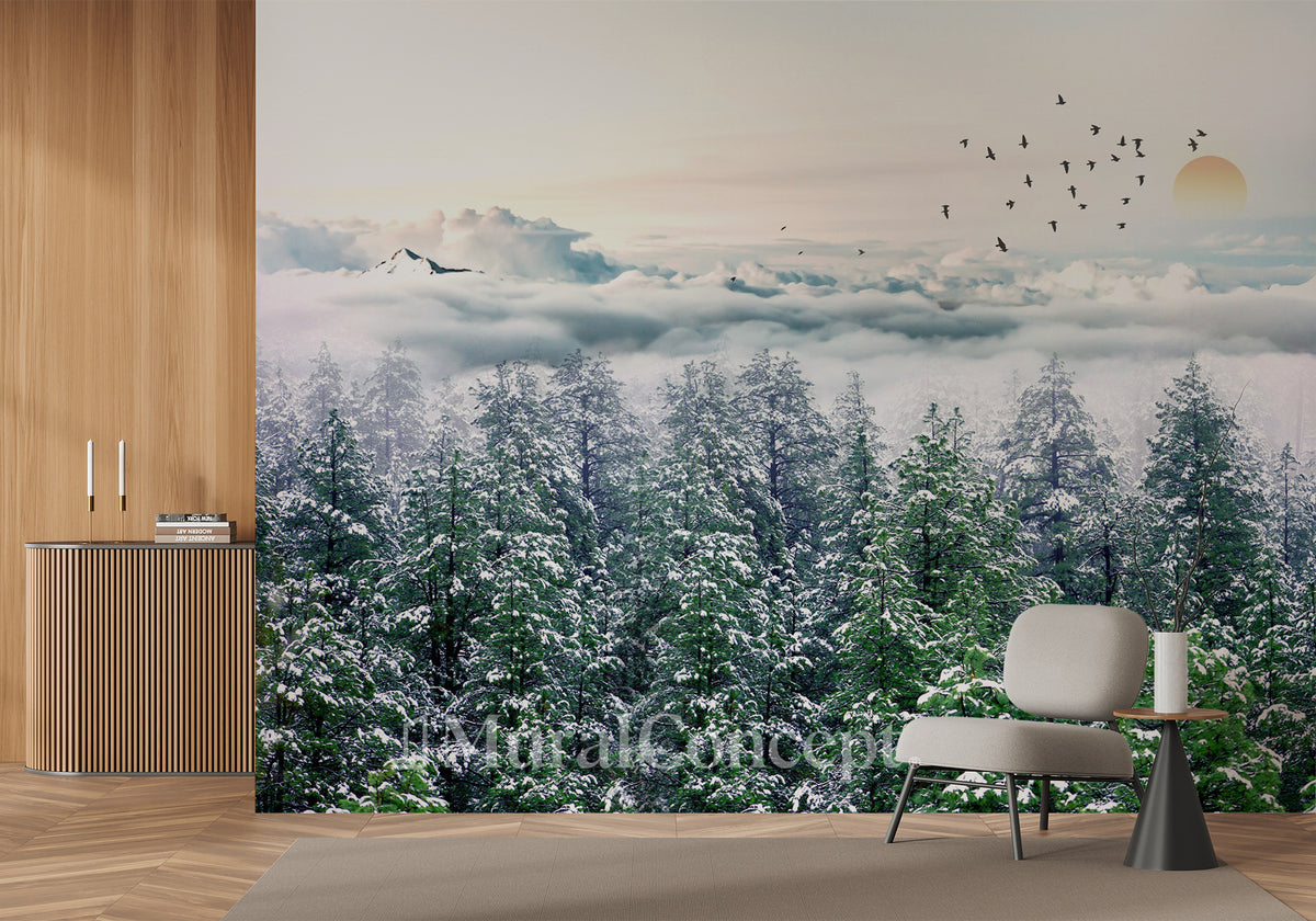 Papier peint panoramique intissé forêt de sapin neige