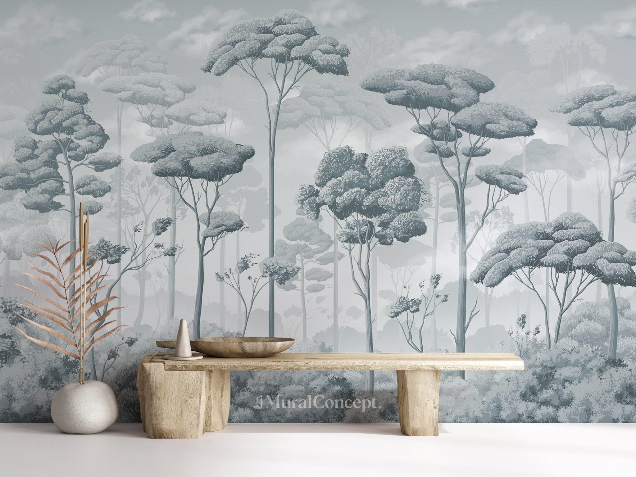 Papier peint panoramique pinède volupté bleu argent - Muralconcept