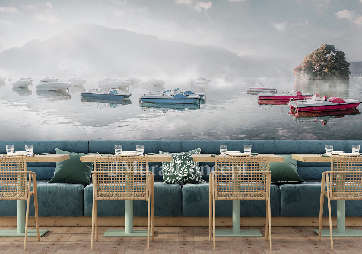 Papier peint restaurant un matin frais au lac d'Annecy vintage