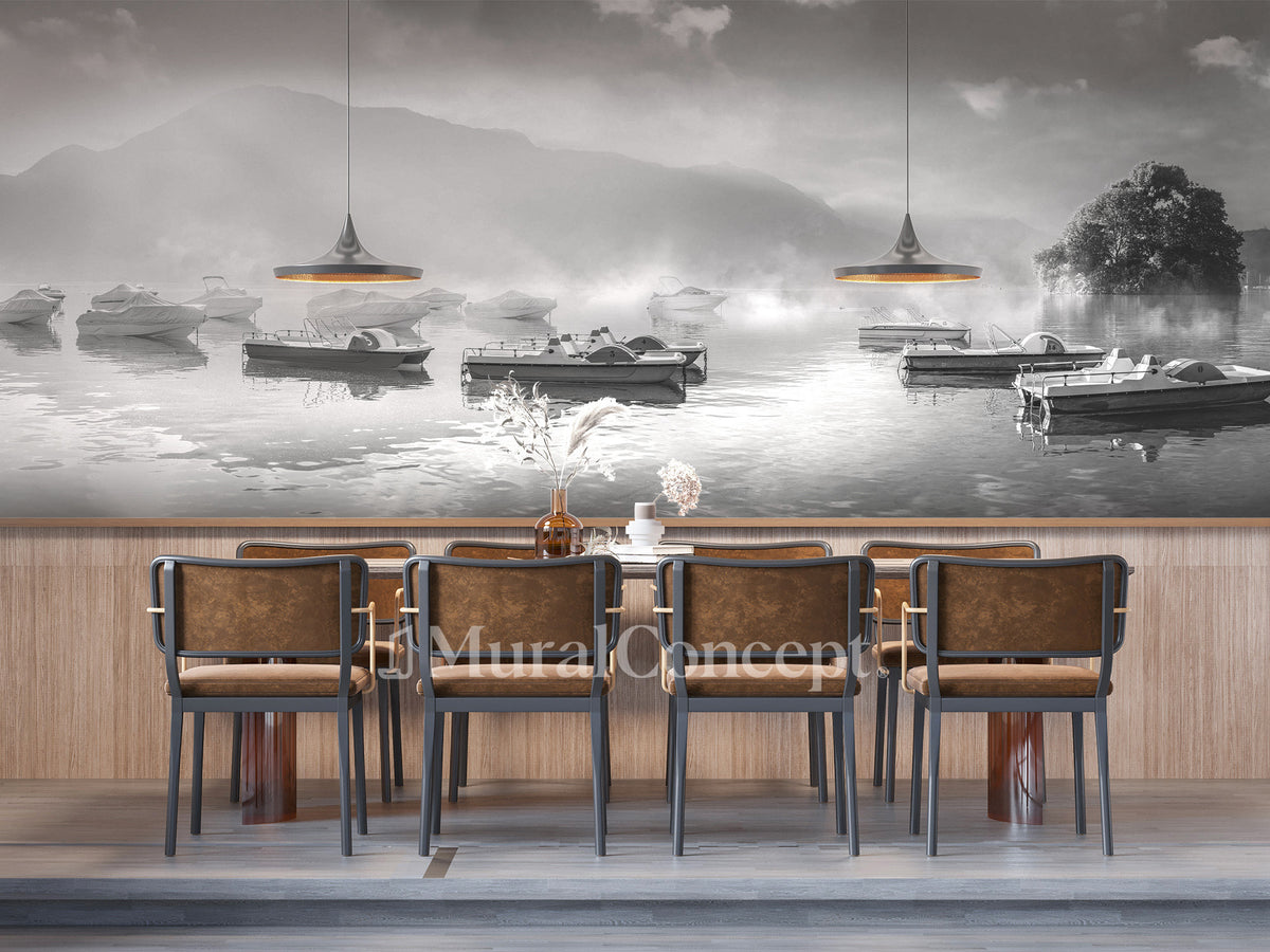 Papier peint restaurant un matin frais au lac d'Annecy noir et blanc