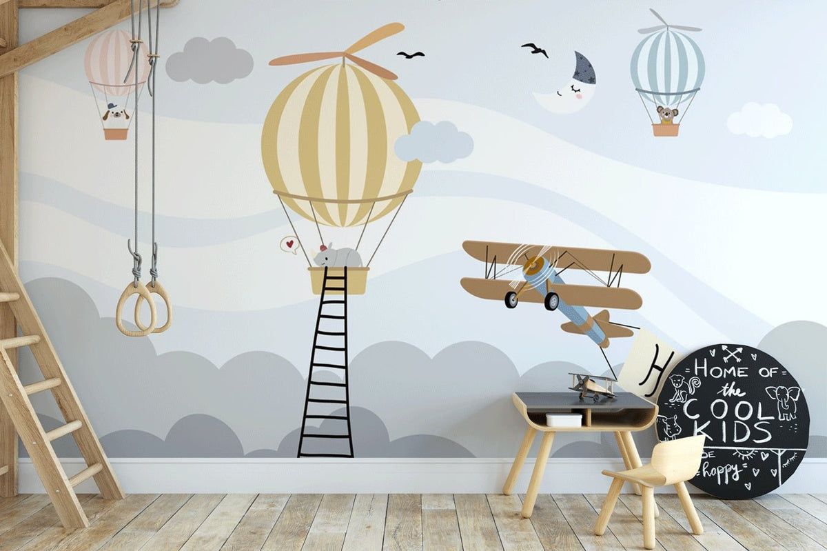 Papier peint enfant rhinocéros avion et montgolfière