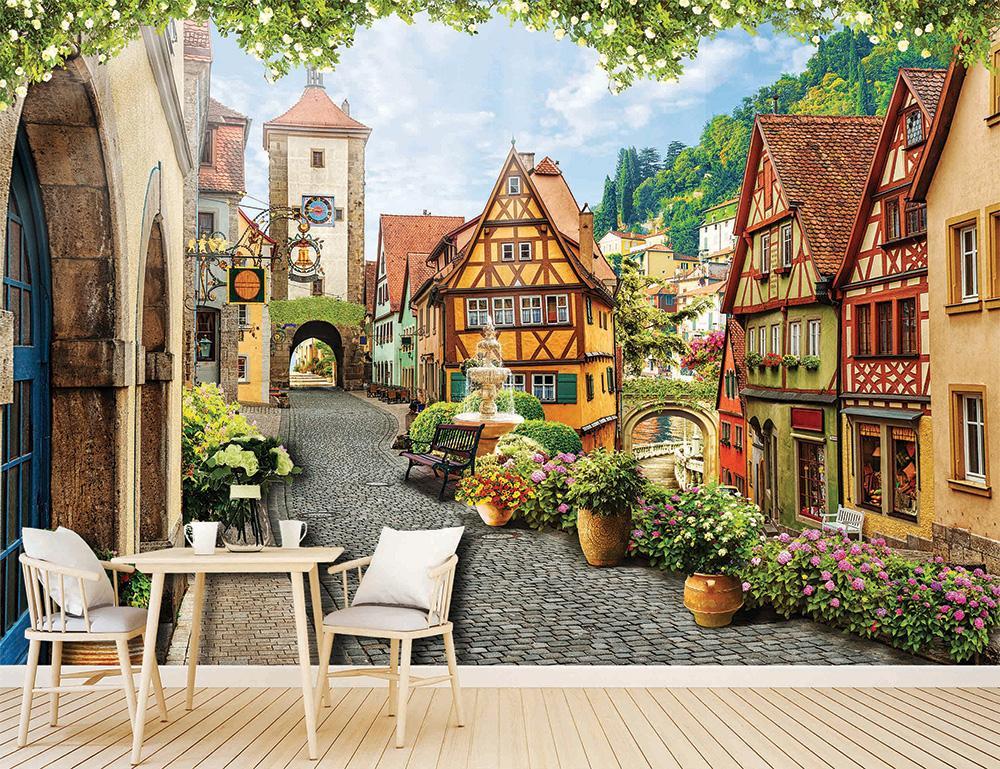 Papier peint ruelle fleurie Alsace