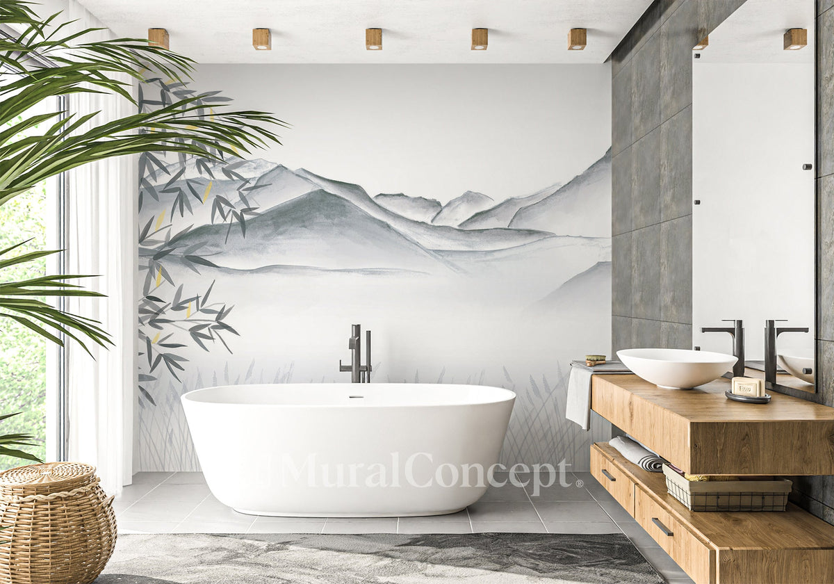 Papier peint salle de bain artistique Annecy entre lac montagne gris