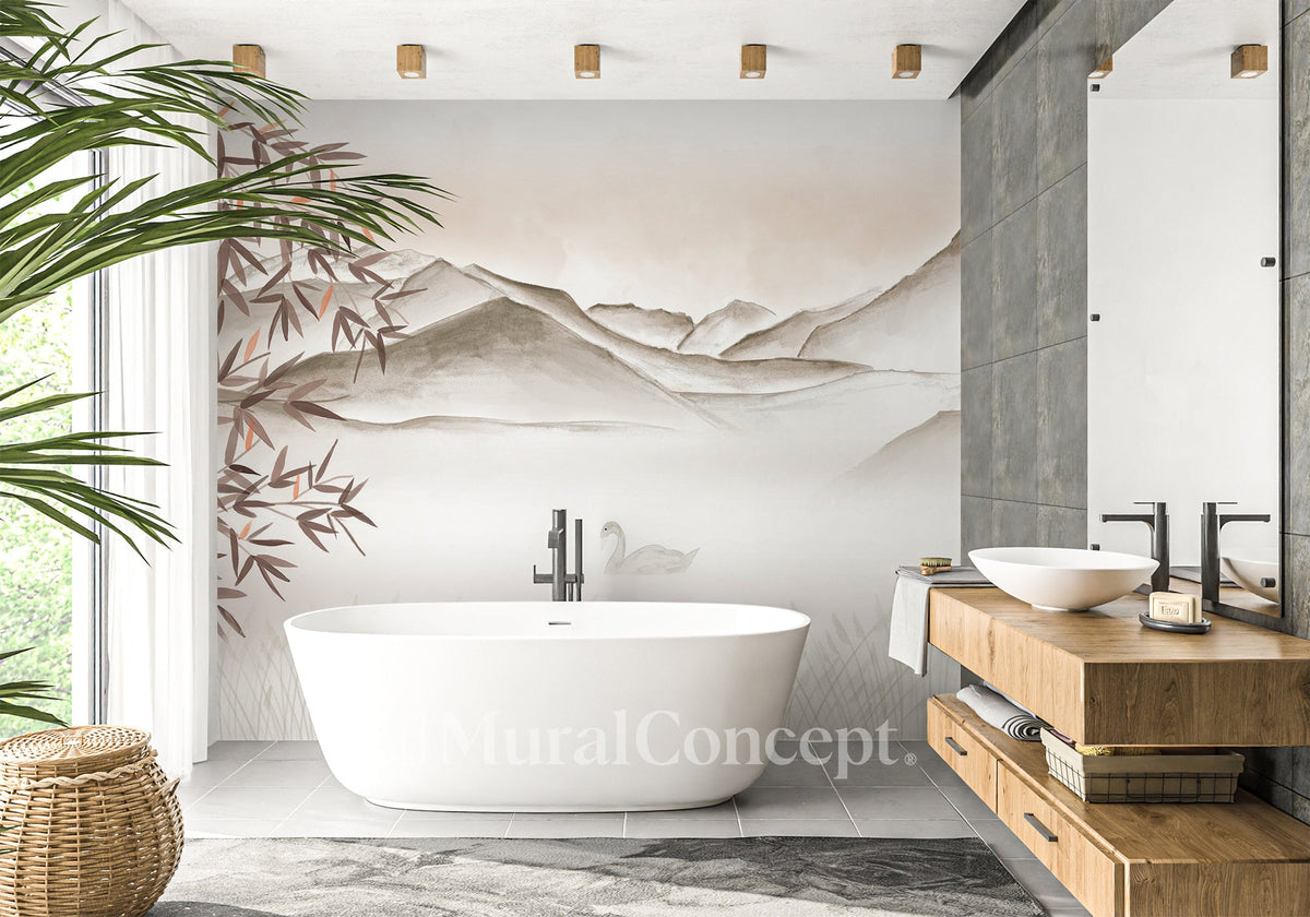 Papier peint salle de bain artistique Annecy entre lac montagne terracotta